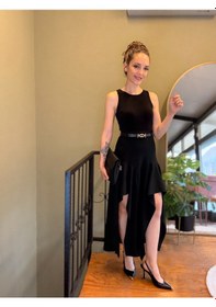 Resim Ali Butik Siyah Kemerli Asimetrik Parçalı Elbise 