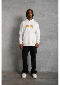Resim Erkek Baskılı Kapüşonlu 3 İplik Pamuklu Hoodie Sweatshirt - Beyaz 