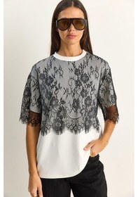 Resim Shade Kadın Üstü Dantel Detaylı Oversize Basic T-shirt 1092 60286104 - Beyaz-siyah Beyaz - Siyah 