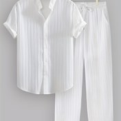 Resim Erkekler için büyük beden rahat yazlık çizgili 2 parça set - Kısa kollu düğmeli gömlek ve bağcıklı pantolon, hafif polyester, plaj, kum ve günlük giyim için ideal, plaj kıyafeti|Rahat yazlık giyim|Polyester kumaş 