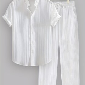 Resim Erkekler için büyük beden rahat yazlık çizgili 2 parça set - Kısa kollu düğmeli gömlek ve bağcıklı pantolon, hafif polyester, plaj, kum ve günlük giyim için ideal, plaj kıyafeti|Rahat yazlık giyim|Polyester kumaş 
