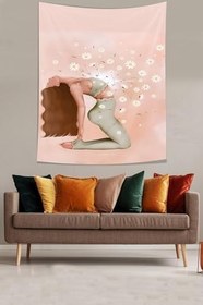 Resim Pelangi Meditasyon Yapan Kız Ve Çiçekler Bohem Desen Leke Tutmaz Kumaş Duvar Örtüsü Duvar Halısı Tapestry PNTR214, 70 x 100 