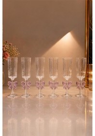 Resim Morponi Pembe Fiyonk Tasarımlı Dikey Çizgili Kahve Yanı Sunum Ve Şampanya Kadehi 6 Adet Şeffaf Cam(190 ML) 