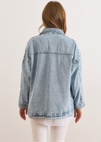 Resim Olalook Kadın Açık Mavi Kol Şeritli Rahat Kalıp Denim Ceket CKT-19000471 