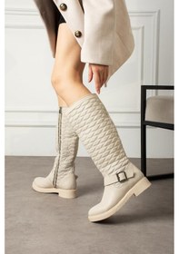 Resim Shoetek Aissa Kadın Çizme Kapitone Dikişli Fermuarlı Bej Deri Bej 