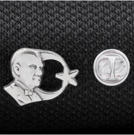 Resim Takıhan Ay Yıldız Atatürk 925 Ayar Gümüş Rozet Yaka Iğnesi 