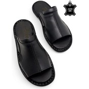 Resim Tamamen Hakiki Deri Ve Topuk Yastıklı Sistemli Ortopedik Erkek Terlik Siyah-60 Siyah 