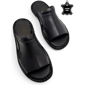 Resim Tamamen Hakiki Deri Ve Topuk Yastıklı Sistemli Ortopedik Erkek Terlik Siyah-60 Siyah 