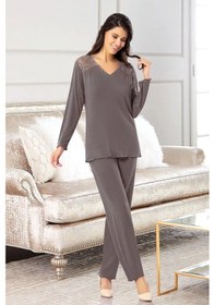Resim Faal 8618 Kadın Uzun Kollu Dantel Detaylı Pijama Takımı-füme Füme 