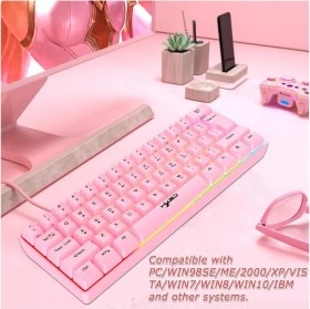 Resim vooka Trol Blue Switch Mini Rgb Oyun Klavyesi Gaming 62 Tuşlu 18 Rgb LED USB Tip-C Kablosu Pembe Uyumlu 