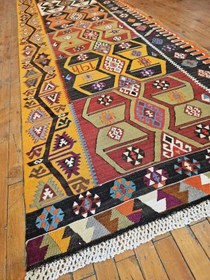 Resim Dated 1977 Vintage Natural Dye Wool, Flat-Woven Kilim Runner 3'3" X 15'4" 