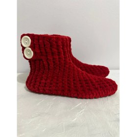 Resim Merut Style El Örgüsü Kadife Ip Kırmızı Düğme Detaylı Ev Botu Panduf 