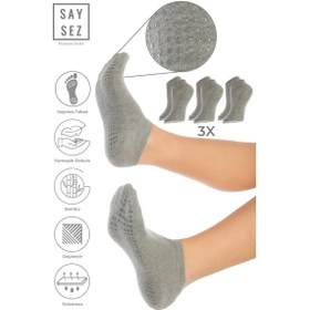 Resim Bambu Kadın Kaydırmaz Gri Melanj Taban Silikon Baskı Pilates Yoga Fitness Dans Aktivite Patik 3'lü Renkli 