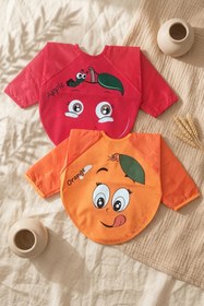 Resim melonika Sıvı Geçirmez Uzun Kollu Bebek Mama Önlüğü - 2'li Set 6-24 Ay Elma ve Portakal Desenli BLW Uyumlu Ye 