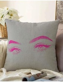 Resim RealHomes Gri Zeminde Fuşya Kirpik Motifli Çift Taraflı Özel Tasarım Raşel Örme Yastık Kılıfı, Sonil-K5096kolajayna-43x43cm 