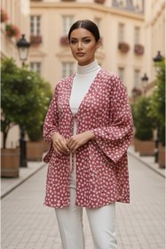 Resim Aişe tesettür Pudra Çiçekli Önü Bağlamalı Kimono Tunik / Ütü İstemez 85 CM BOY 