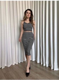 Resim Çizgili Etek Crop Takım Siyah 