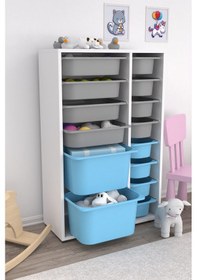 Resim Rine 14 Sepetli Çok Amaçlı Oyuncak Dolabı Mavi Gri 2d4k8u Gri - Mavi 