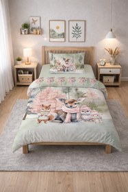 Resim Evmila Sevimli Hayvanlar Desenli Nevresim Takımı - 160x220cm Nevresim +50x70cm Yastık Kılıfı+100x200cm Çarşaf 
