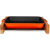 Resim Lava 22x30 CM Döküm Dikdörtgen Yekpare Çift Kulplu Turuncu Rosto ve Fırın Tepsisi - Kayın Servis Ahşabı LV P TP 2230 K4 O 