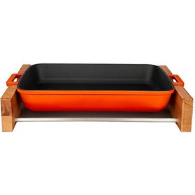 Resim Lava 22x30 CM Döküm Dikdörtgen Yekpare Çift Kulplu Turuncu Rosto ve Fırın Tepsisi - Kayın Servis Ahşabı LV P TP 2230 K4 O 