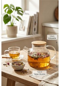 Resim 800 Ml Borosilikat Isıya Dayanıklı Cam Demlik Bambu Kapaklı Süzgeçli Ateşe Dayanıklı Şık Bitki Çayı Şeffaf 