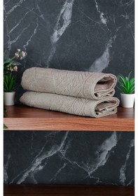 Resim Ayak İzi Desenli 2li Ayak Havlusu - 50x70 Cm - Su Emici Banyo Paspası Seti - Krem krem 