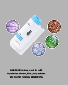 Resim Led Işıklı Mikroskop 80x 200x Zoom Eğitici Bilim Seti Ve Taşınabilir 