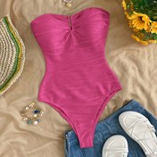 Resim Kadınlar için Seksi Omuz Açık Büzgülü Tek Parça Mayo - Canlı Pembe, Uyumlu Mini Plaj Mayo, Havuz ve Tatil İçin Makinede Yıkanabilir Yazlık Yüzme Kıyafeti, Deniz Kenarı Giyim, Islak Görünüm Stili, Dokulu Kumaş 