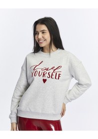 Resim Kadife Love Yourself Desenli Gri Melanj Yumuşak Dokulu Regular Fit Bisiklet Yaka Kadın Sweatshirt Gri Melanj 