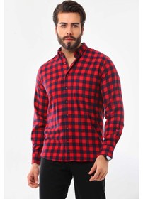 Resim Marisso Erkek Kare Desenli Uzun Kol %100 Pamuk Gömlek 019ync Kırmızı 