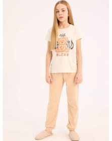 Resim DeFacto Kız Çocuk Pijama Takımı Baskılı Kısa Kollu Üst Beli Lastikli Uzun Alt E0543A825SMER85 Ekru 
