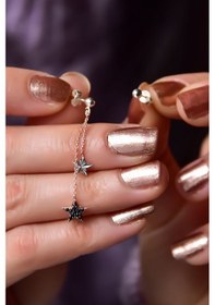 Resim Papatya Silver 925 Ayar Gümüş Rose-Rodyum Kaplama Kalemli Ve Zirkon Taşlı Çift Yıldız ve Top Küpe 