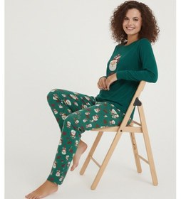 Resim Luxury Thermal Noel Baba Desenli Kadın Polar Kışlık Pijama Takımı 42060 Yeşil 