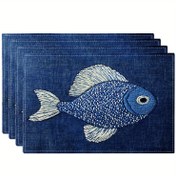 Resim 4 Adet Nakışlı Balık Desenli Keten Masa Örtüsü, 30.48x45.72 cm, Makinede Yıkanabilir, Kaymaz, Isıya Dayanıklı, Yemek ve Ev Dekoru İçin Uygun, Düğünler ve Yıl Dönümleri İçin Mükemmel 