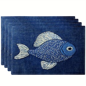 Resim 4 Adet Nakışlı Balık Desenli Keten Masa Örtüsü, 30.48x45.72 cm, Makinede Yıkanabilir, Kaymaz, Isıya Dayanıklı, Yemek ve Ev Dekoru İçin Uygun, Düğünler ve Yıl Dönümleri İçin Mükemmel 