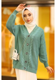 Resim Oversize Kadın Tesettür Triko Hırka Su Yeşili Mint Yeşili 