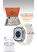 Resim THEKONT 49mm ultra akıllı saat + Bluetooth kulaklık + 7 kordon + koruma kılıfı ve cam hediyeli özel set 