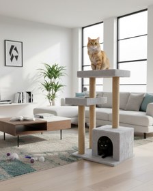 Resim Reyo Pet Kulübeli Çift Teraslı Kedi Tırmalaması Gri 