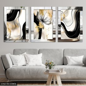 Resim Burshe Gold Detaylı Çiçek ve Desenler 3 Parça Gümüş Pleksi Aynalı Tablo 