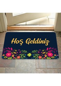 Resim Kopya - Hoş Geldiniz Yazılır Dekoratif Dış Kapı Önü Ve Iç Mekan Paspası Yıkanabilir Lacivert 