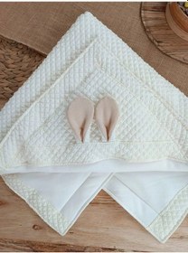 Resim Yenidoğan Kulaklı Şapkalı Düğme Detaylı Fiyonklu Bebek Battaniyesi Kundak Krem Çok Renkli 