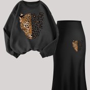 Resim 2 adet Kadın Yarım Etek Seti "SEVGİLİM" Harf Desenli Baskılı Yuvarlak Yaka Uzun Kollu Kazak ve Orta Boy Yüksek Bel Etek Rahat Sweatshirt - C5+Q6 