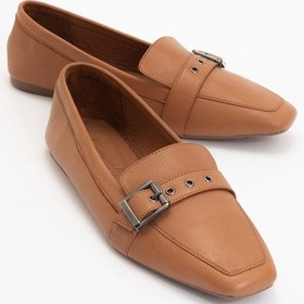 Resim Perıwınkle Taba Cilt Hakiki Deri Kemerli Kadın Loafer Ayakkabı Taba Deri 