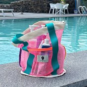 Resim Pembe Örgü Plaj Çantası Mavi Detaylarla - Büyük Kapasiteli, Nefes Alabilen ve Dayanıklı Polyester, Seyahat, Tatil Gereksinimleri için Çoklu Bölümlerle Taşınabilir, Plaj Çantası 