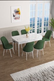 Resim Canisa Concept Han Serisi 70x114 Açılabilir Mdf Mutfak Masası Takımı Beyaz Mermer Desen Masa 6 Haki Yeşil Sandalye 