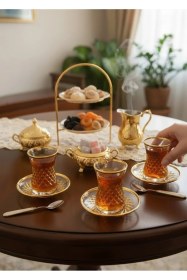 Resim Paşabahçe Baklava Dekor 12 Parça Gold Set - El Kesmesi Altın Yaldızlı Lüks Bardak Takımı Gold 