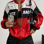 Resim Kadınların Vintage Esintili Harf Baskılı Bomber Ceketi - Uzun Kollu Fermuarlı, Stand Yaka, Hafif Polyester, Siyah ve Beyaz Tasarım, Tüm Mevsimler İçin Rahat Şık 
