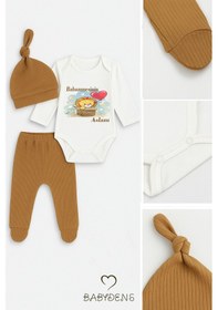 Resim Babyden's Babaannesinin Aslanı Yazılı 3 Lü Bebek Takımı Uzun Kol Çıtçıtlı Zıbın, Ribana Pantolon Ve Bere Seti Açık Kahverengi 