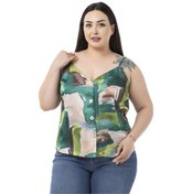 Resim Büyük Beden Ayarlanabilir İnce Askılı Önü Düğmeli Batik Desenli Yeşil Bluz-yeşil Yeşil 